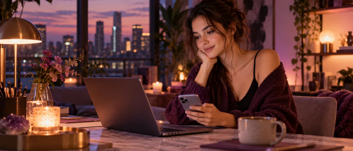 Young woman exploring AI conversation guides on her phone and laptop