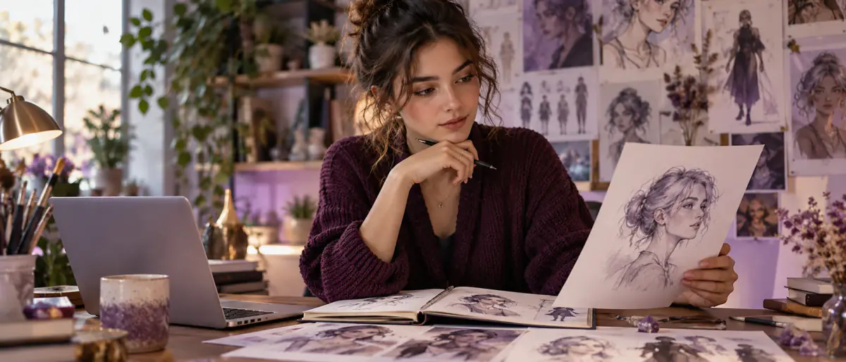Young woman developing an original AI character concept from portrait studies